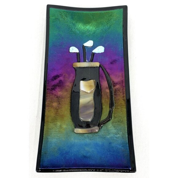 Fused Art Glass Golf Clubs Bag Sports Dichroic Trinket Dish 10" l Unsigned Vtg - Picture 1 of 7